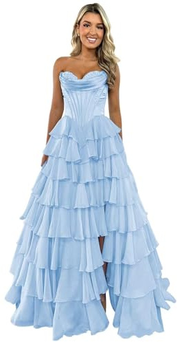 Genérico Vestidos De Fiesta con Corsé Sin Tirantes para Mujer Vestidos De Fiesta Largos De Gasa con Corte En A Vestidos De Noche Formales con Capas Y Abertura Lilac L