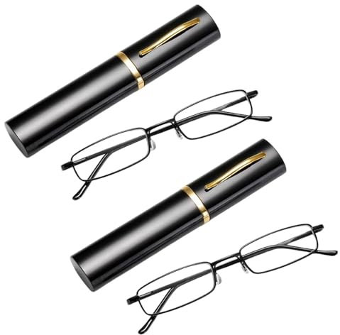 AKSIQIOL 2 Pairs Slim Metal Reading Glasses, Lightweight Blue Light Blocking Readers with Portable Pen Cases, Stylish Rectangle Frames for Men & Women (2.0 Dioptres)