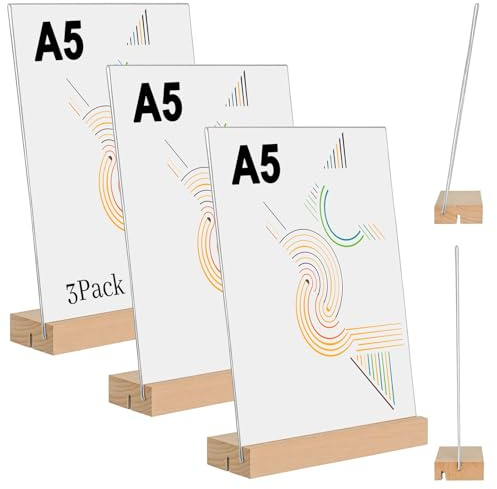 Tischaufsteller A5, Acryl Aufsteller mit Holzfuß (A, 3 Stück, 14,8 x 21cm)