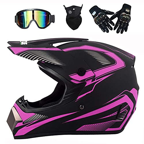 Casco de Motocross Mujer, Negro y Morado,Casco Moto Cross Infantil con Gafas/Mascarilla/Guantes, Cascos Enduro MTB Integral Adulto para Descenso Enduro Quad Motocicleta (S,F)