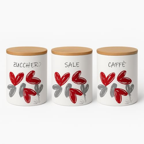 Set Barattoli Cucina in Ceramica – Contenitori Tondi per Sale, Zucchero e Caffè con Coperchio Ermetico – Design Elegante, Decorativi e Resistenti (ROTONDO LOVE ME)