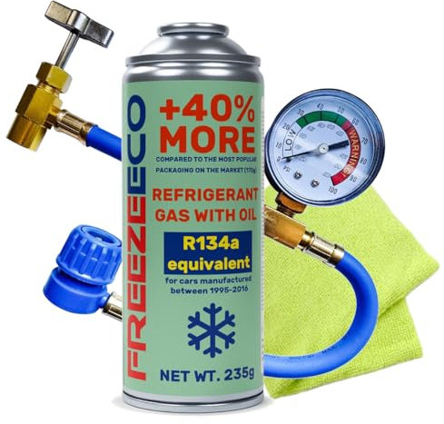 FreezeEco Refroidisseur 2 en 1 R134a pour climatiseurs avec huile, tuyau et chiffon
