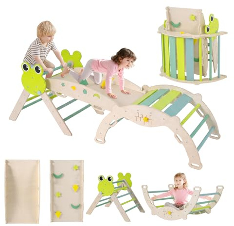 GYMAX Set Arrampicata Montessori 7 in 1 Colorato, Set di Arrampicata a Tema Nautico per Bambini con Rampa, Arco e Triangolo Pieghevole, Palestra Legno per Interni (Verde, Rana/8 in 1)
