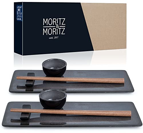 Moritz & Moritz VIDA 10-tlg. Sushi Geschirr Set für 2 Personen - Sushi Servierset mit 2x Sushi-Teller, Dip-Schälchen und Stäbchen