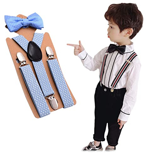 Tsangbaby Ragazzi Bretelle Bowtie Set Colorato Y Clip Posteriore Regolabile Polka Dot Bambini Bretelle per Festa di Nozze Accessori Abbigliamento Azzurro