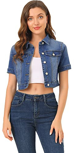 Allegra K Giacca casual da donna a maniche corte in jeans, Blu, S