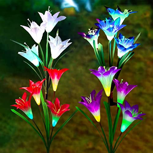 DUNMW 4 PCS Fleurs de Lys Lampes Solaires d'extérieur, Lampes de Lys, Lampe Solaire Fleur, Lampe Solaire de Pelouse LED, Parfait pour Jardin, Cour, Patio, Éclairage 8~10h, 4 Fleurs de Couleur