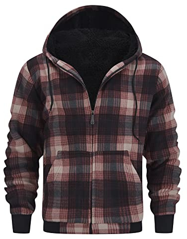 onedog Uomo Felpa con Cappuccio a Scacchi in Pile con Zip Intera Felpa con Cappuccio Uomo Maniche Lunghe in Pile con Cappuccio Giacca Autunno e Inverno Giacca Calda con Ispessimento(Braun M)
