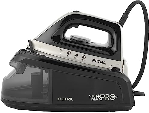Petra PF01137VDE Ferro da stiro con caldaia - serbatoio dell'acqua rimovibile da 1,2 l, 2400 W, cavo da 2 m con custodia, piastra in ceramica, anticalcare e antigoccia, stiratura verticale