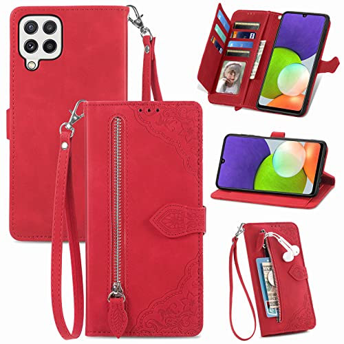 JayModCase Zipper Wallet Case Compatible with Samsung Galaxy A22 4G, PU Leather Flip Case, with Wristlet Magnetic Closure Kickstand TPU Shockproof Cover for Samsung A22 4G - Red