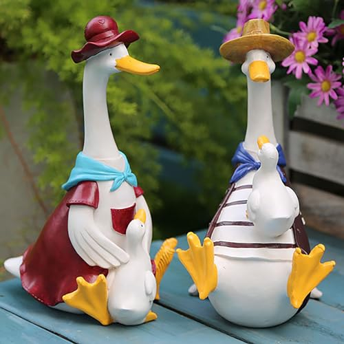 Pevfeciy Gartendekoration Familie von Vier Entenstatuen-Ornamenten Gartenfiguren & Gartenstatuen aus Kunstharz für außen,für Garten, Rasen und Teichdekoration,Skulpturen 2 Set/H 24.5cm,Rot