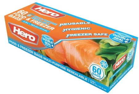 60 x Sealable Freezer Bags – 3.8L Large Seal Food Bags – Heavy-Duty Quart Plastic Freezable, Sealable & Easy To Open Food Bags - Hefty, Reusable, Sandwich Bags