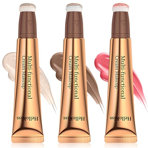 Tiepetly 3 Stück Contouring Stick, Liquid Blush, Highlighter Stick, 3-in-1 Contouring Stick, Liquid Bronzer mit Kissenapplikator, Langanhaltend Glatt, Leicht, Gesichts-Make-Up Contouring Set