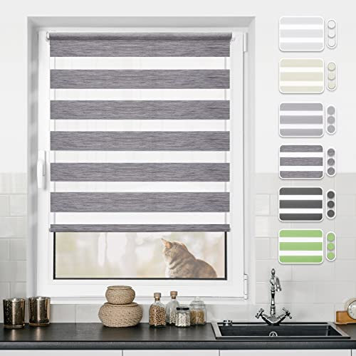 Doppelrollo Klemmfix ohne Bohren Rollos für Fenster ohne Bohren mit Bohren Leinen-grau B70 x H110cm -Stoffbreite 66cm Rollo Fensterrollo Klemmrollos Fensterrollo innen