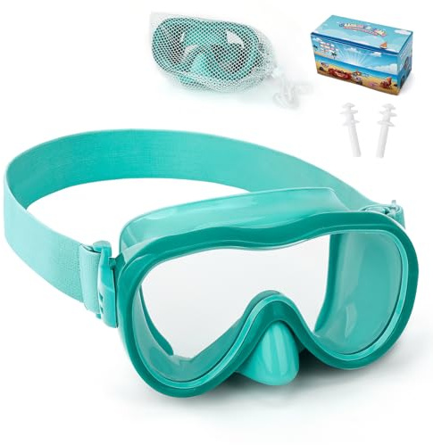 Kids Swim Goggles, Anti-Leak Snork Mask Diving Mask with Nose Cover & Elastic Fabric Strap, UV Protection Swimming Goggles with Mesh Bag & Ear Plugs for Kids Boys Girls