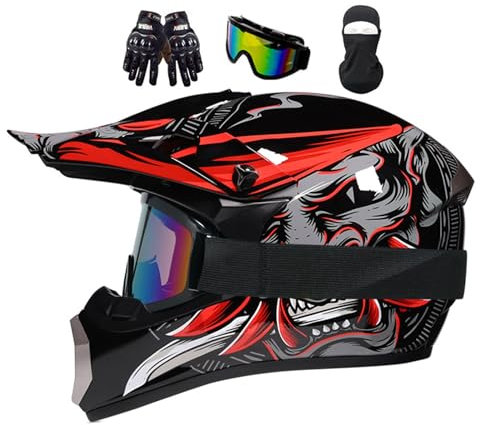 Motocross Helm Kinder, Jugend Motorradhelme, Motorradhelm Downhill Fullface Helm, Moto Cross Helm Herren, Mit Brille Handschuhe, Integralhelm Crosshelm Helm Motorrad MTB Enduro Quad Helm(XL(58-59CM))