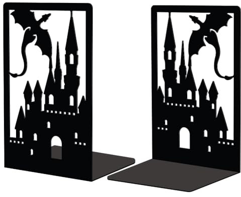 Peacoblue Metal Book Ends for Shelves Room Decorative, Creative Heavy Duty Study Bookends Stoppers Holder Stand for Desk Shelf, 11.9x8.89x17.78cm Book Ends to Support Books, 1 Pair(Dragon Castle)