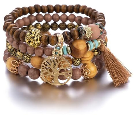 ZKGYUS Pulsera de cuentas de madera Naturales 100% -Pulsera bohemia- Pulsera Elástica de Bolas - pulsera de varias capas- Ajuste Cómodo y Estilo Elegante