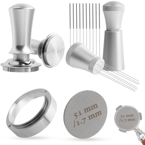 Juego de prensador de café de 51 mm, con herramienta WDT, embudo dosificador de 51 mm, pantalla de disco de 51 mm, base plana de acero inoxidable con resorte, compatible con cafetera espresso
