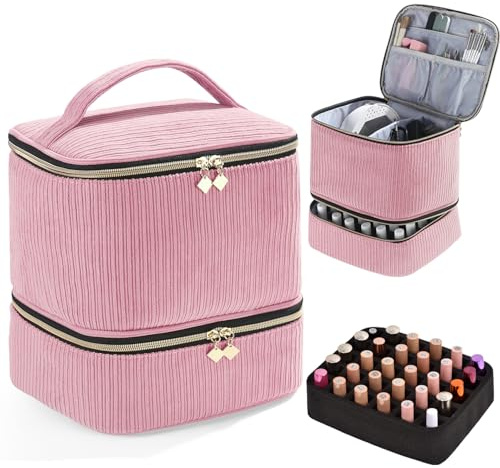 Nail Polish Organizer Holds 30 Bottles (15ml) and 1 Nail Light Nail Polish Carrying Case with Storage Pockets for Manicure Tools Double Layer Storage Travel Bag (Corduroy-Pink)