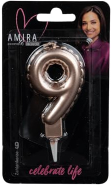 DECOCINO meets AMIRA - Zahlenkerze Rosegold No. 9 - elegante Party Deko für Geburtstage, Partys oder ein Jubiläum, ideal für Kuchen, Torten oder Muffins, 7cm hoch