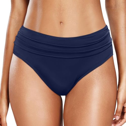 Women's Bikini Bottoms High Waist Retro Basic Full Coverage Swimsuit Briefs Swim Bottom Swimwear Briefs Solid Bikini Bottom Bathing Suit Swimsuits Bikinis for Women Girls Teens Size S (#Dark Blue, M)