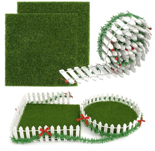 90x5cm Miniatur Gartenzaun, mit 2 Stück Kunstrasen zum Basteln, Holz Mini Holzzaun für DIY Weihnachtsdeko Garten, Wichtel Garten Staketenzaun, für Miniatur Deko (Zaun mit Weihnachtsknoten)