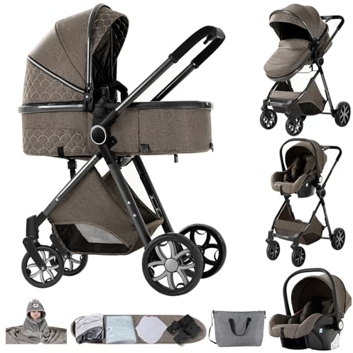 NADDLILY Barnvagn 3-i-1, barnvagn 3-i-1 komplett set med tillbehör högt landskap, buggy med vändbar tvåvägs dragkraft, barnvagn med vikbar bärbar enklicksdesign (V9 choklad)