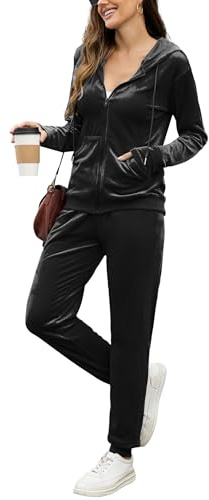 ouansyltg Velour Track Suits for Women Set Fall Sweatsuit 2 Piece Velvet Lounge Set Full Zipper Tracksuit Black XL