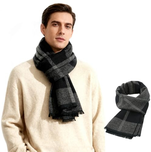 Winter Scarf for Men Classic Plaid Tassel Scarfs Long Thick Warm Mens Scarf Soft Neckwear Black Grey Square