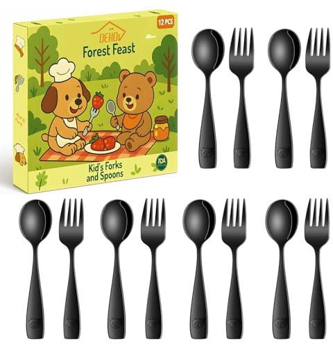 DEHOV Black Toddler Eating Utensils Set,Set of 12 Food Grade Stainless Steel Silverware Sets for Kids,Dishwasher Safe Children Small Metal Spoons and Forks Flatware Sets