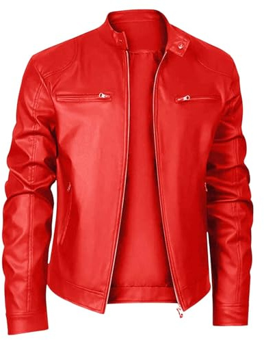 Red Pink Black Brown Leather Jacket Mens UK Biker Motorcycle Flight Leather Jacket Outdoor Waterproof Winter Warm Coat Retro Jackets Faux Leather Full Zip Lapel Collar Fall Coat Outerwear with Pockets