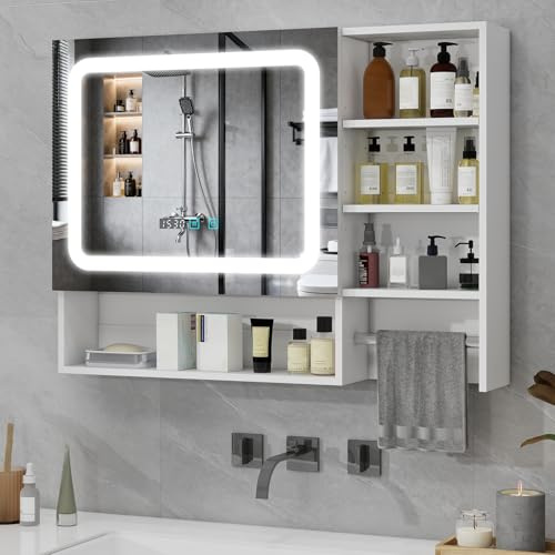 YU YUSING Specchio Contenitore Bagno con Luce, Mobile Bagno Sospeso con LED 80x14x60 cm, Armadietto con Portasciugamani, 3 Modalità di Luce, 3 Ripiani Regolabili, Bianco