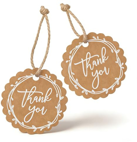 Nogeqi 50 Pcs Thank You Tags with String, Round Brown Paper Thank You Gift Tags for Presents Wedding Birthday Party Gifts Baby Shower Bridal Shower, 4.5 X 4.5 cm