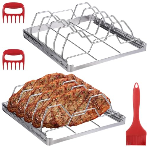 Tressify Foldable Rib Racks, Stainless Steel Rib Holders, 2 Pcs, Grill Accessories with Brush & Shredders, Fit for BBQ Chicken and Steak