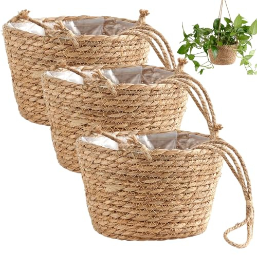 Rachlicy Cestino sospeso per piante da 3 pezzi Fioriera sospesa in tessuto 8x5 pollici con corda Fioriera rustica Boho per interni domestici