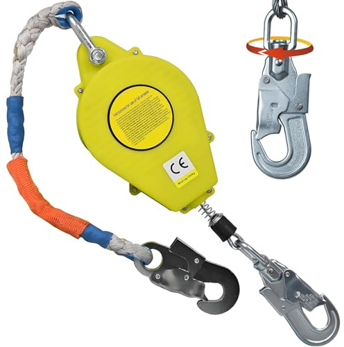 Dispositivo Anticaduta Retrattile Certificato 10/15/20m, Anticaduta a Richiamo Automatico con Gancio Autobloccante, 150KG Imbracatura di Sicurezza Anticaduta per Tetto e Lavoro Aereo (Giallo, 15m)