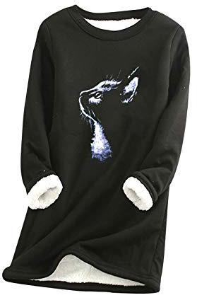 YMING Señorita Suéter De Felpa De Peluche Suéter Estampado Suéter De Manga Larga Camiseta con Cuello Redondo De Gato M-Negro S