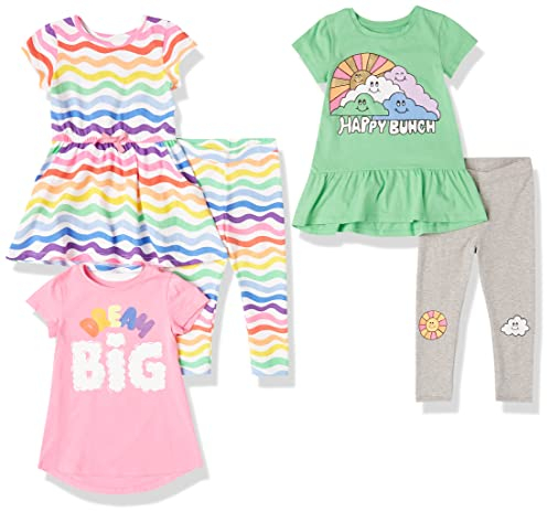 Amazon Essentials Mädchen Outfit/Geschenkset Mit Kleid, Tuniken, Leggings Zum Kombinieren (Früher Spotted Zebra), Grau/Grün Wolken/Rosa Textaufdruck/Weiß Regenbogen, 10 Jahre
