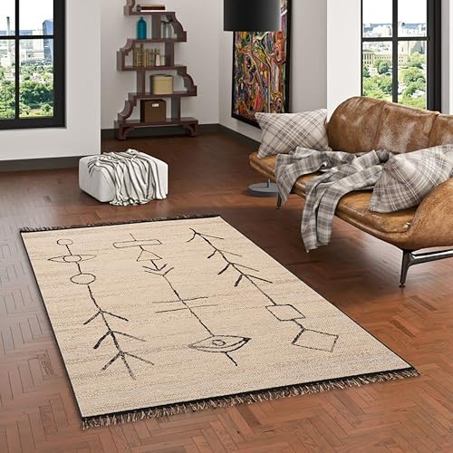 Pergamon Teppich Kurzflor Flachgewebe mit Fransen Jute Natur Ethno Style Origin Beige Schwarz in 5 Größen