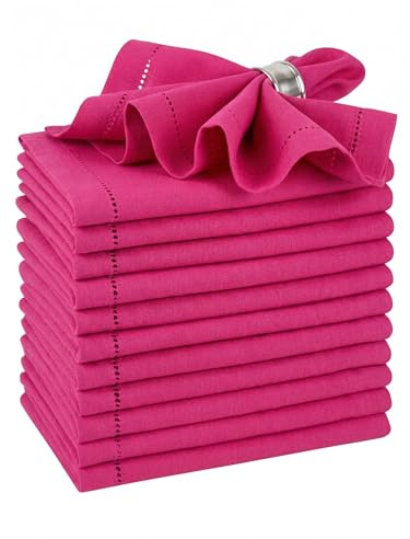 Palisa Hot Pink Cotton Napkins Set of 12 | Premium Hemstitch Detailing Cloth Dinner Napkins 18x18 Inch | Soft Washable & Reusable Table Napkins for Everyday Use Weddings Parties Restaurants & Hotels
