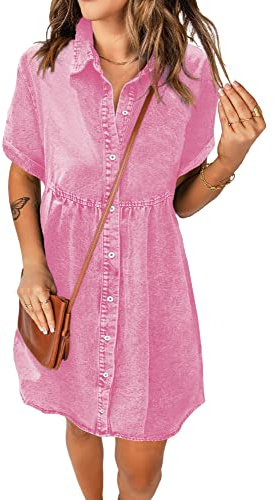 Roskiky Abito da donna casual manica corta bottone inferiore sfalsato denim babydoll jean, Rosa aurora, L