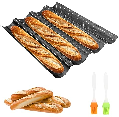 MXTIMWAN Baguette Backform, Backblech für Baguette Backform für 4 Baguettes, Baguetteform Baguette-Backblech mit Antihaftbeschichtung, BackformGelocht Baguetteblech Brötchen mit 4 Mulden