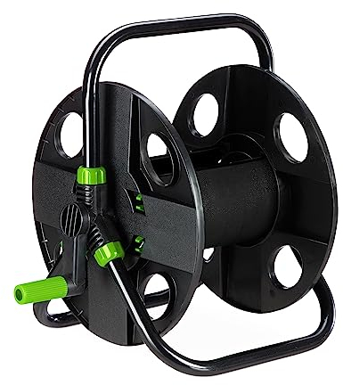Relaxdays Schlauchtrommel, für 30 m 1/2 Schlauch, Stahl, Kunststoff, Schlauchhalter, HBT: 38 x 42 x 31 cm, schwarz/grün