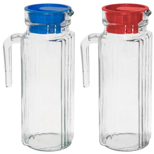 Tradineur - Pack de 2 Jarras de cristal modelo frigo - Capacidad de 1 litro - Recipiente para almacenar y servir toda clase de bebidas - 23,5 x 8,3 x 12 cm - Tapa Color Aleatorio