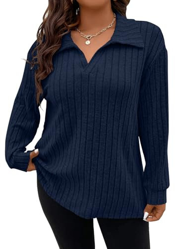 Gemulate Plus Size Ladies Lightweight Jumpers Striped Long Sleeve Tops for Women Oversized Sweater Polo v Neck Tshirts Sweatshirts Dark Blue 4XL