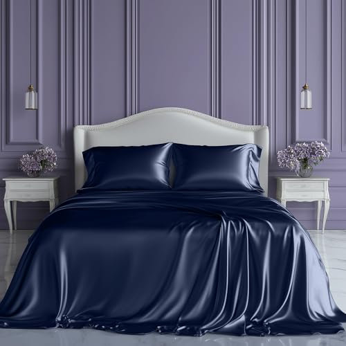 SLEEP SANCTUARY Satin Sheets Queen Size โ 4 Piece Luxury Silky Bed Set, Softer Than Silk, 15 Deep Pocket, Cooling & Wrinkle-Free, Moisture-Wicking & Breathable for Hair & Skin (Navy Blue)