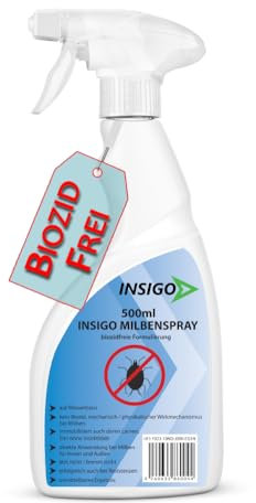 INSIGO Milben Spray 500ml Sprühflasche - Milbenmittel mit mechanischer Wirkung - Effektive Milben Abwehr für Haustaubmilben im Haus - Milben Spray mit Sofortwirkung