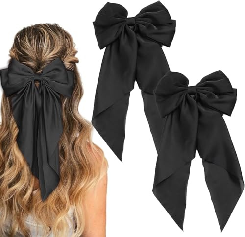 2 PCS Black Hair Bow Clips – Large Bow Barrettes for Women & Girls, Elegant Solid Color Hair Accessories for Any Occasion