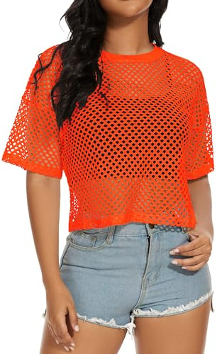 florynova Womens Fishnet Mesh Tops Summer See Through T Shirt Short Sleeve Sheer Blouse(Orange,M)